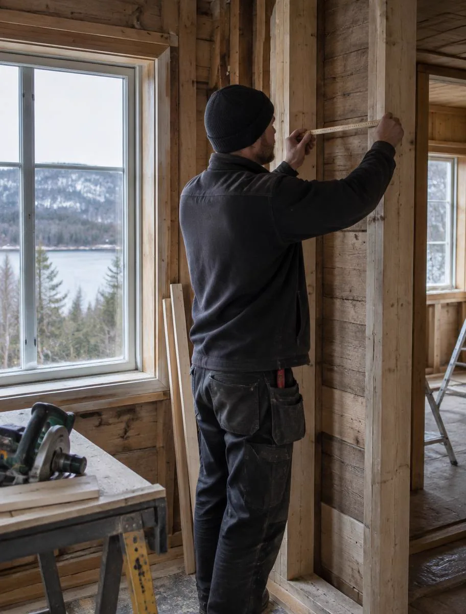 Snickare som mäter en träregel under en renovering